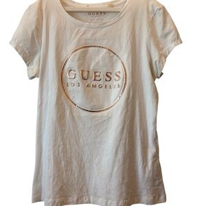 Guess White T-Shirt with Rose Gold Logo, Size Large